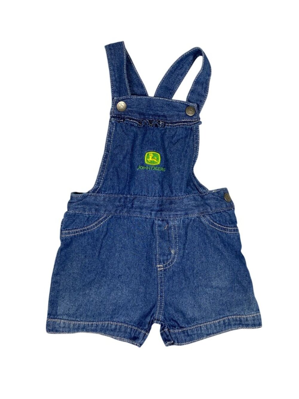 John Deere Toddler Denim Overall Shorts 24M Blue Adjustable Straps Embroidered L
